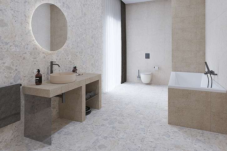 Minimalisticky zařízená koupelna v designu kamene