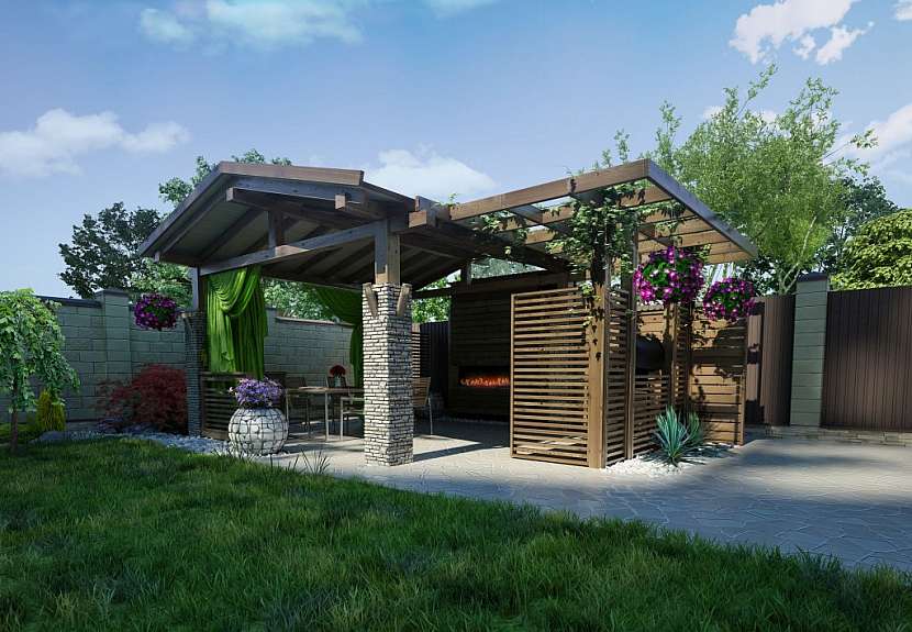 Moderní pergola s kombinovaným uchycením na zem i stěnu