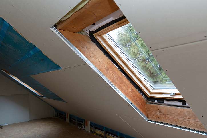 Obložení střešního okna sádrokartonem musí být provedeno tak, aby se eliminovaly tepelné mosty 