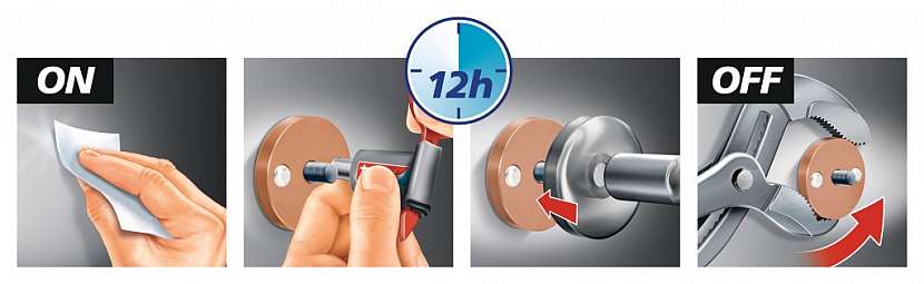 Háčky tesa® Powerbutton připevníte velmi snadno ve třech krocích: