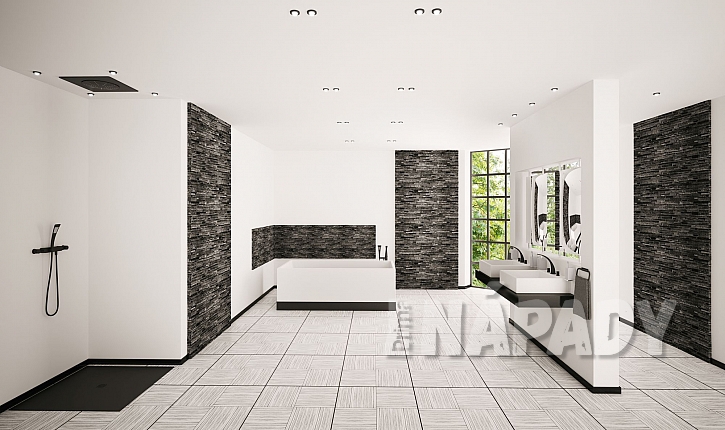 Černobílá koupelna s netradiční dlažbou a obklady