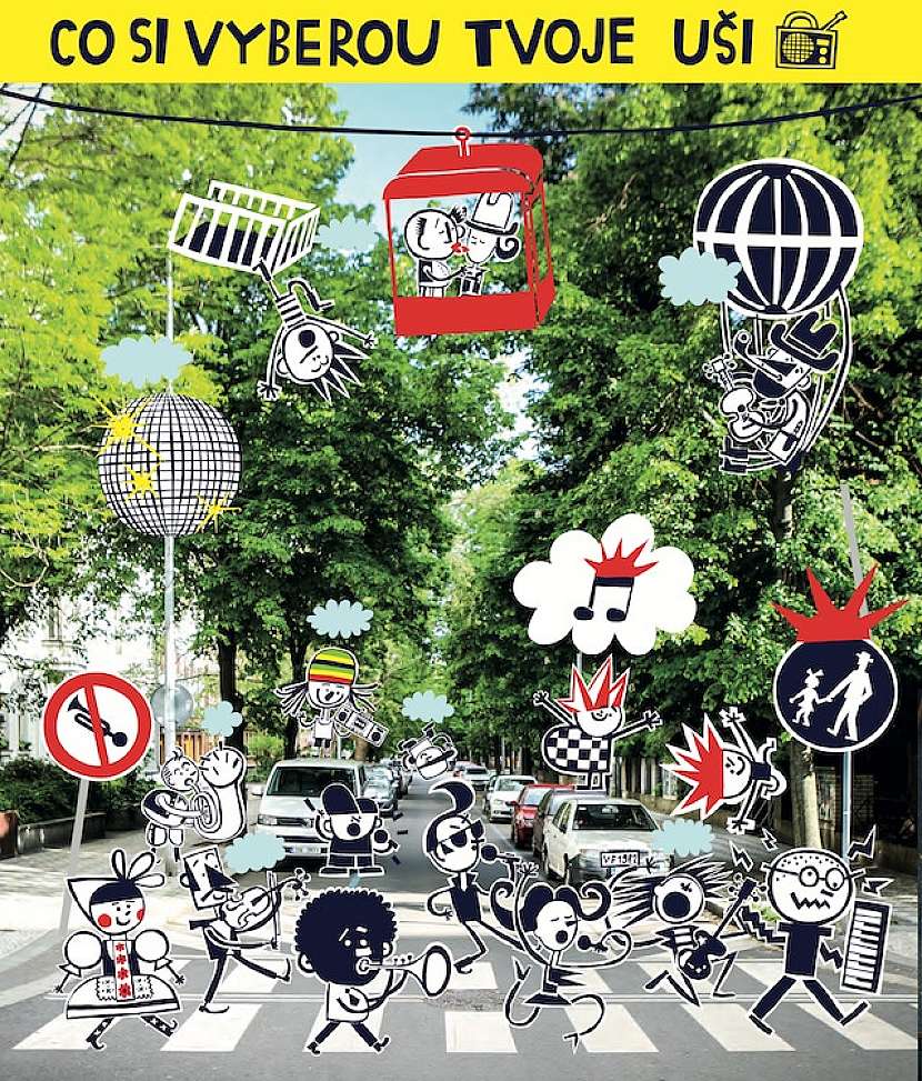 V knize najdeme snímek ulice s
přechodem, přes nějž si jako The Beatles na obalu slavného alba vykračují dokreslení
zástupci různých hudebních žánrů