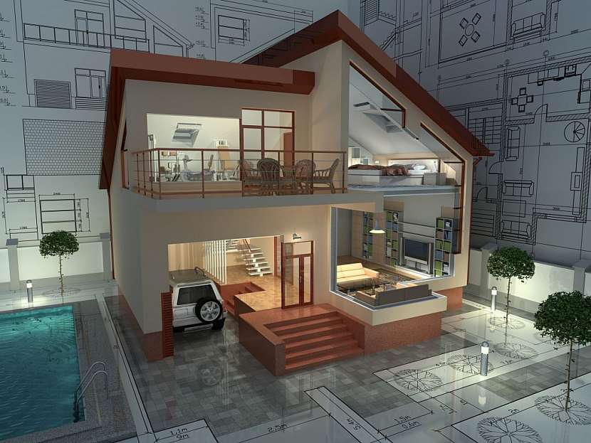 Architektonické rozvržení rodinného domu s pultovou střechou