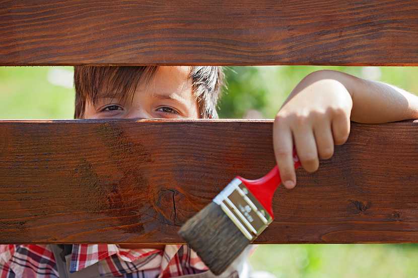 Chlapec kouká skrz dřevěný plot