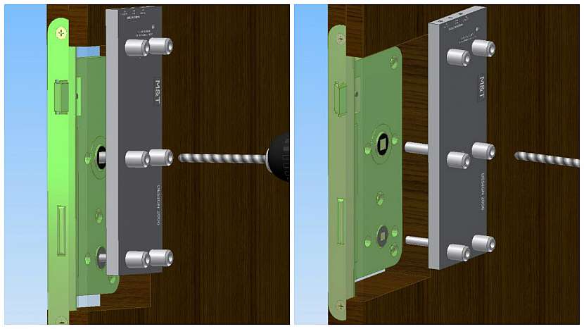 Přiložení montážní šablony k zámku dveří; vrtání otvorů