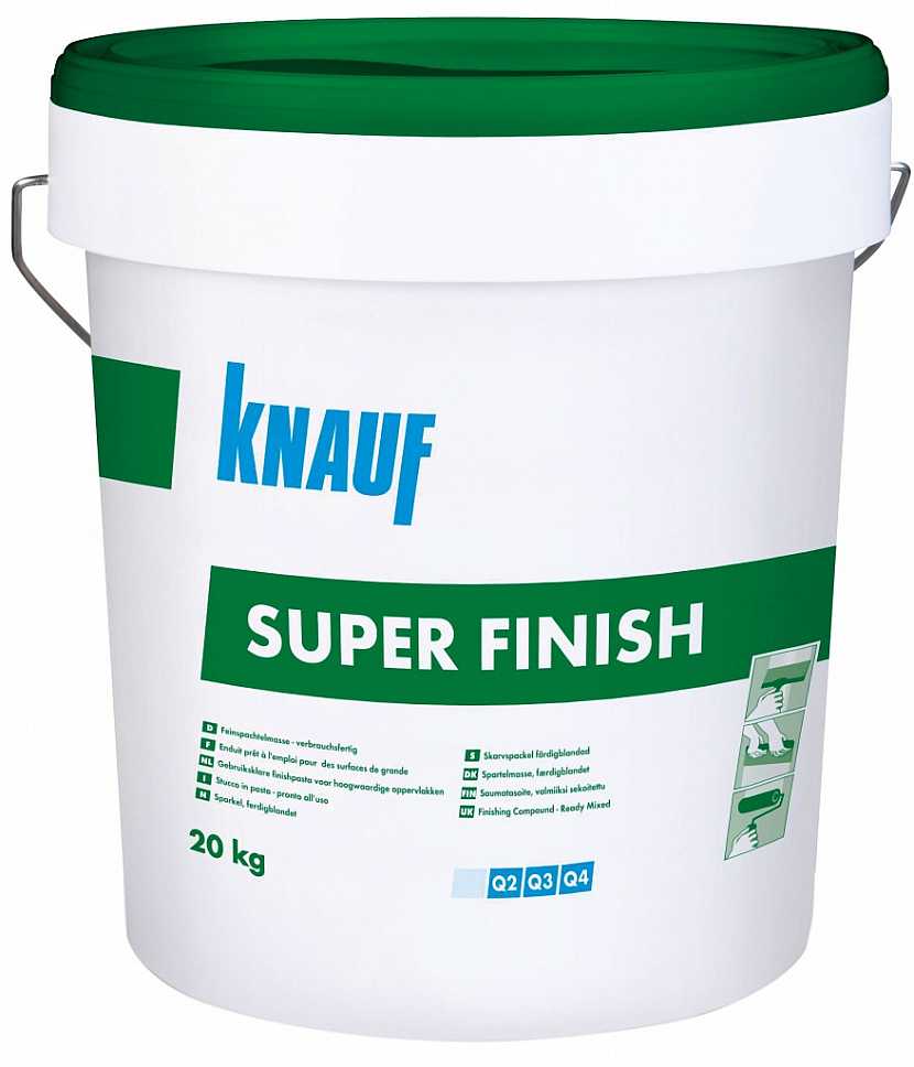 Pastózní tmel Knauf SUPER FINISH vytváří extrémně pevné spojení s povrchem sádrokartonu bez vzniku trhlin a bez tvorby vzduchových bublin. Velmi snadno se nanáší a vyhlazuje do hladka. Ideální pro vytvoření kvality Q2-Q4.