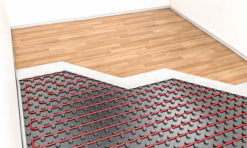 Nákres podlahového topení včetně podlahové krytiny ukazuje jednoduchost pokládky
