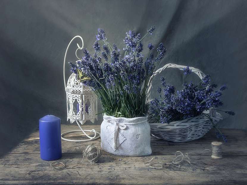 Modrá a bílá ve spojení s keramikou a proutím, to jsou naprosto ideální provensálské dekorace na zahradní stůl. A pochopitelně nezbytná levandule