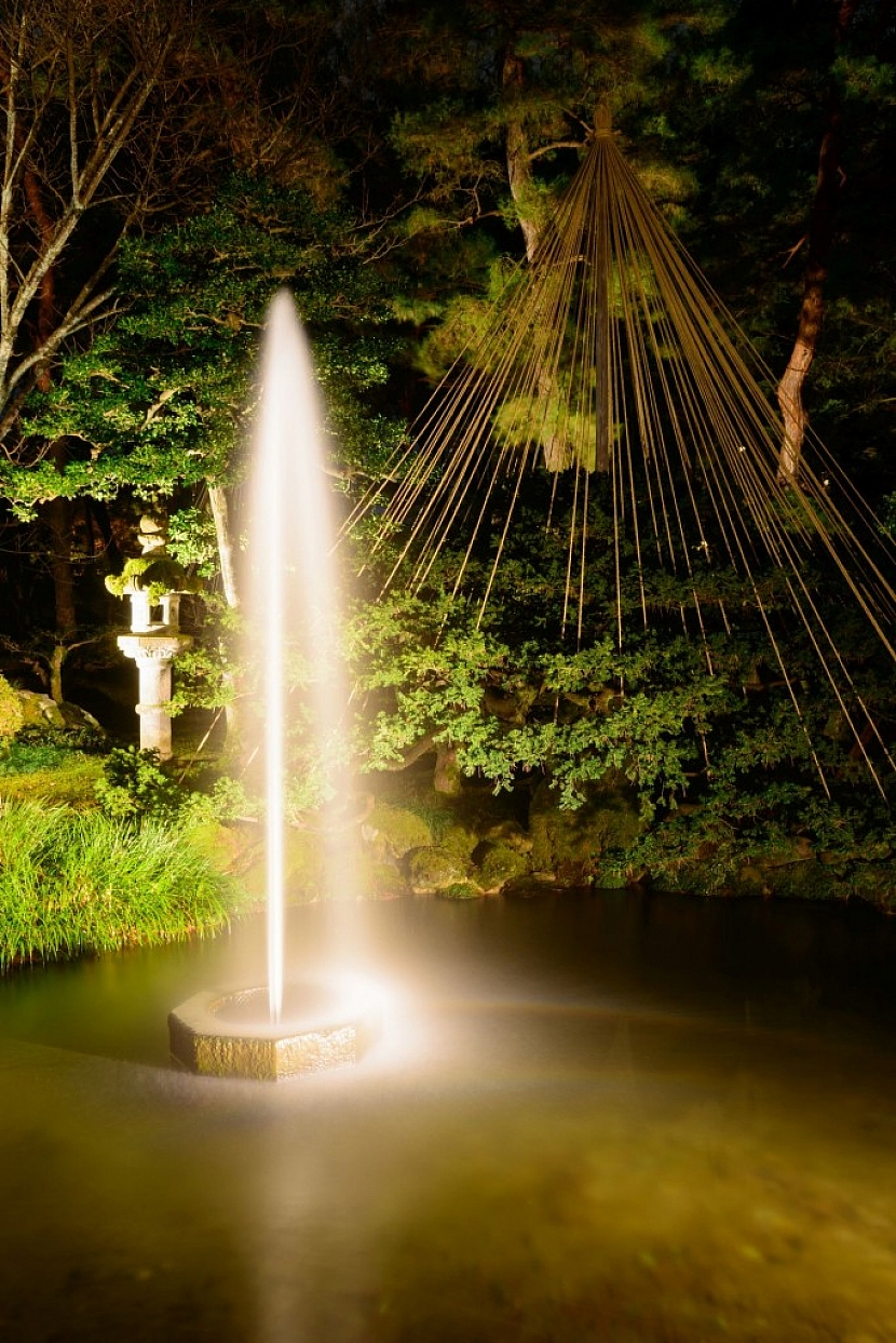 Jezírko s fontánkou v noci za umělého osvětlení působí luxusně