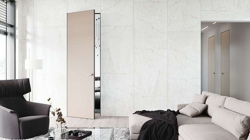 Dveře model MASTER DOOR lakované sklo piskované  skrytá zárubeň AKTIVE.