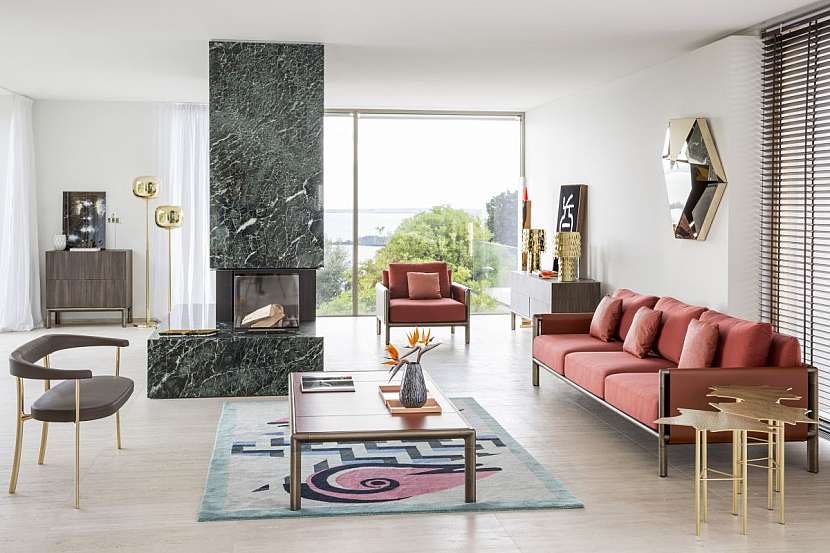 14_Frame collection_Katana sofa_Ninfee coffee tables_Kaleidos lamp_Axonometry tray_Dusk Dawn floor lamps_Jackfruit table lamps_ph. Carlo Baroni.