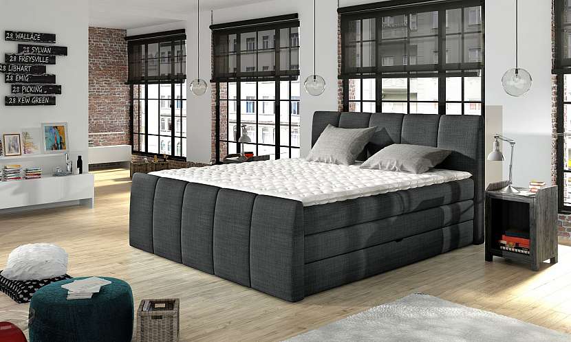 Rám postele si můžete vybrat v řadě různých provedení, například čalouněný potahem v elegantní antracitové.