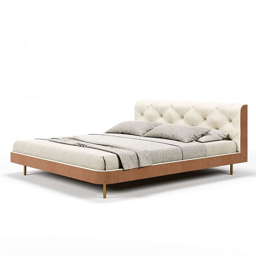 Formitalia dokáže vytvořit glamour kolekci pro ložnici, ale i tuto elegantní postel Overseas potaženou kůží, s kovovými nohami a „vatovaným“ efektem na čele.