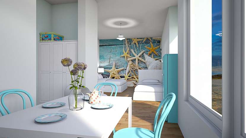 Hlavní motiv ve středomořsky laděném interiéru je tapeta. Potřebnou atmosféru zajistí už jen stejný barevný odstín na nábytku.