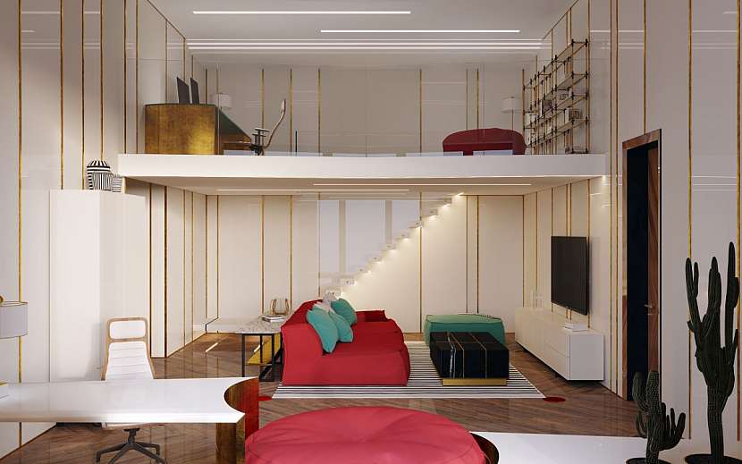 Obývacímu pokoji dominuje dřevo, onyx, zlaté detaily a výrazné barvy.