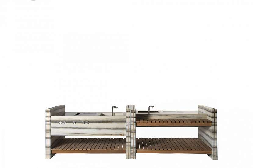 Pásky mramoru a dřevo tvoří základní ostrovní modul Stripes pro kuchyni, Franchi Umberto-HomeDesign.