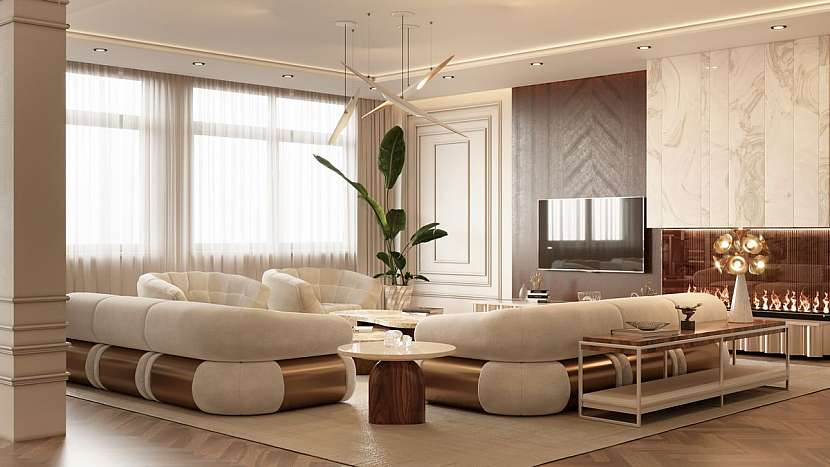 Moderní apartmá s osmi pokoji je zařízeno v moderním, funkčním designu a čisté podmanivé estetice. .