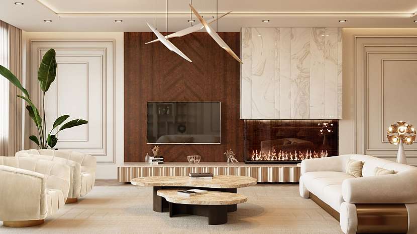 Obývací pokoj tvoří elegantní otevřený prostor, kde byla pozornost věnována rozestavění nábytku do jednotlivých zón, aby poskytoval klidnou estetiku a žádný z kousků na sebe nestrhával zbytečnou pozornost.