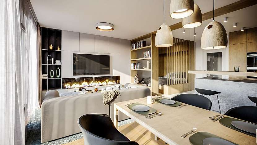 Vnitřní uspořádání klade důraz na prostorný obývací pokoj propojený s kuchyní, kde se má odehrávat veškerý denní ruch.
