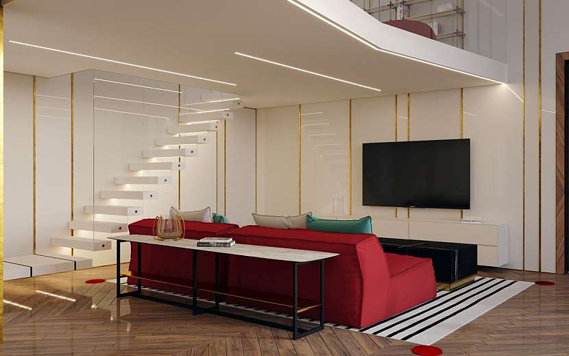 Obývacímu pokoji dominuje dřevo, onyx, zlaté detaily a výrazné barvy.