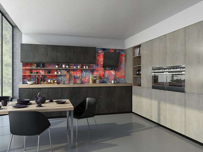 Minimalisticky laděná kuchyň s výrazným prostorem mezi linkou.