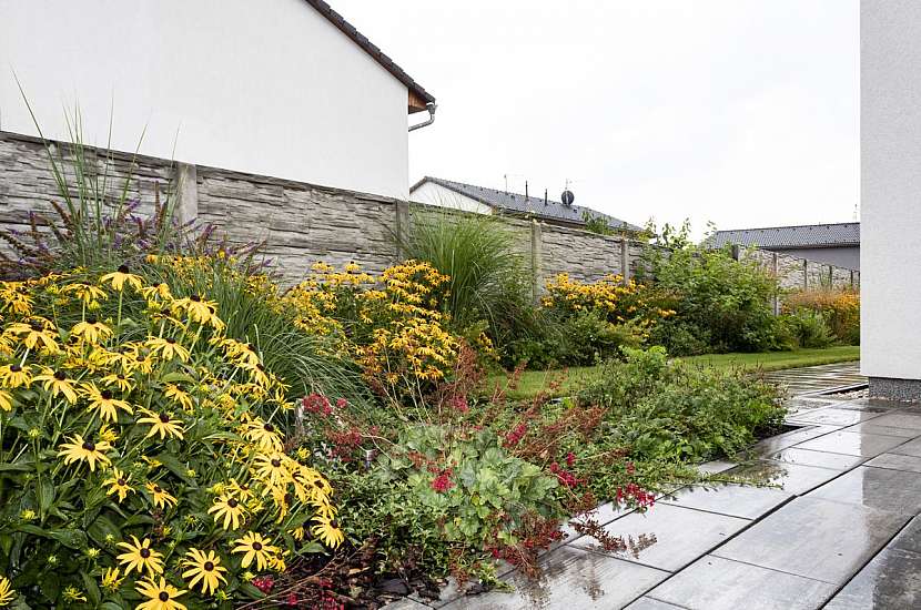 Dům v odstínech šedé obklopili barevnou zahradou se zářivými rudbekiemi