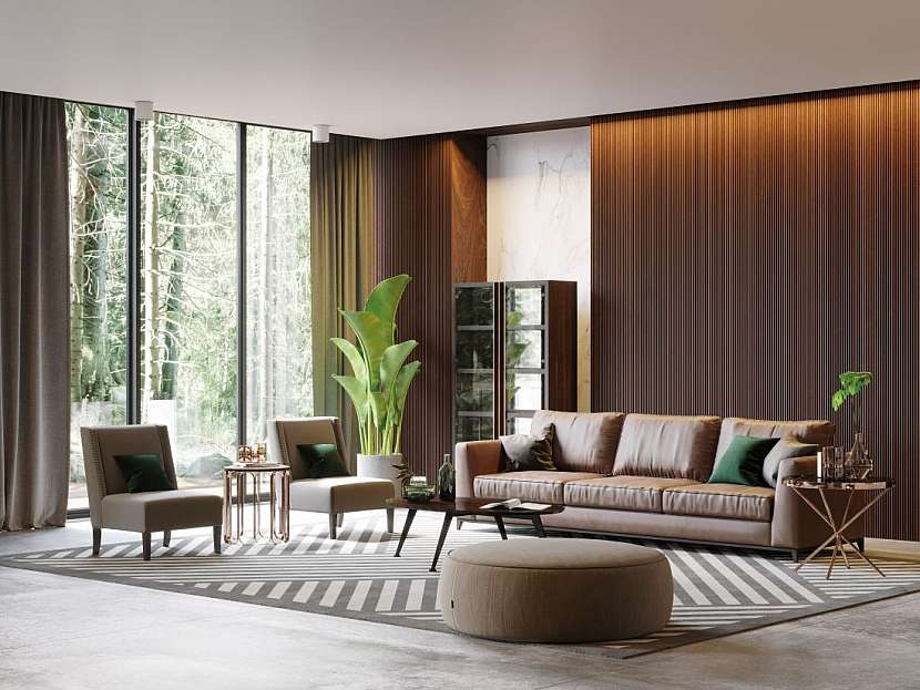 Světlý nábytek v kombinaci s tmavým dřevěným obložením.