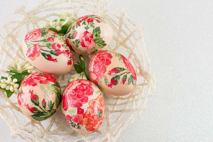 Colorful, Decoupage, Decorated, Easter, Eggs, In, A, Basket.