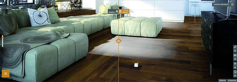 Aplikace umožňuje místnost rozdělit a ukázat,  jak budou vypadat dvě různé podlahy v jednom interiéru.