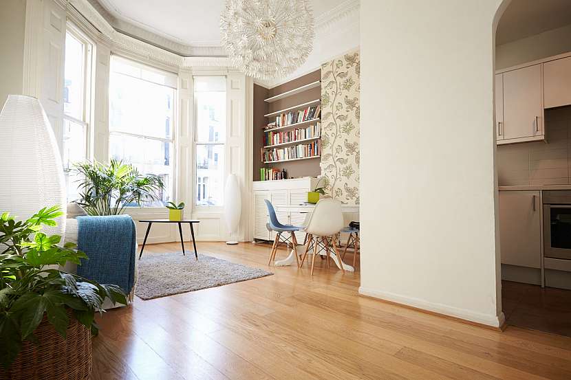 Obývací pokoj s dřevěnou podlahou