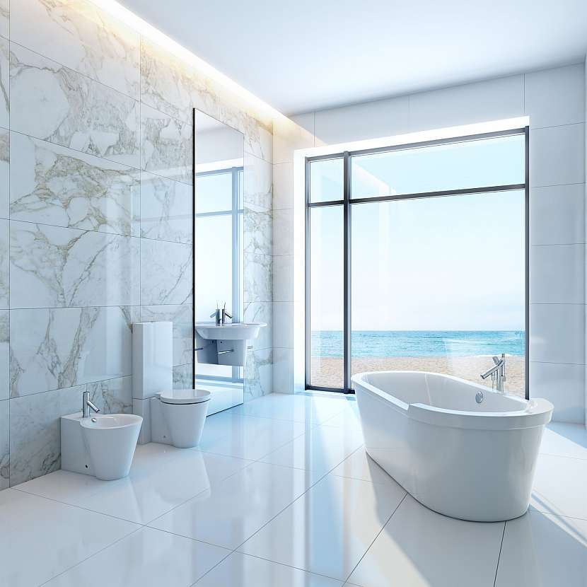 Moderní minimalistická koupelna se samostatně stojící vanou