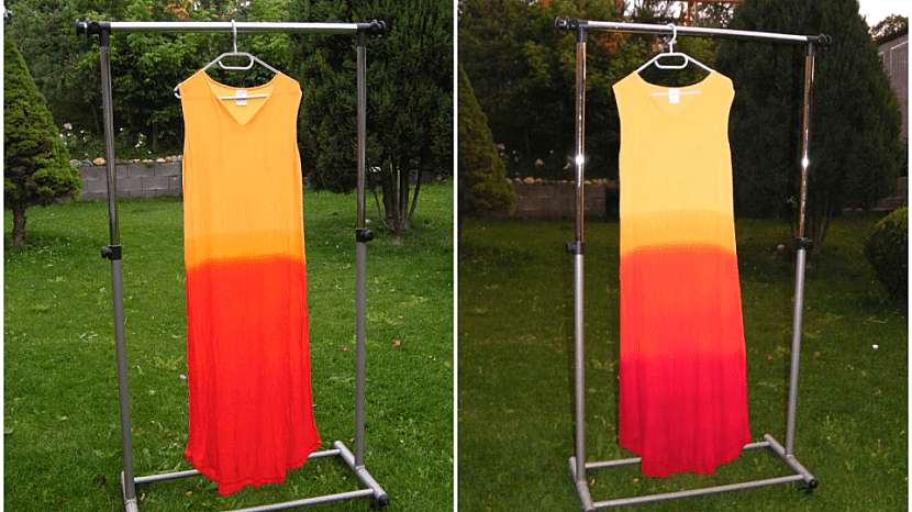Namáčená batika: opakujeme postup s dalším odstínem barvy; obarvené šaty necháme okapat a uschnout