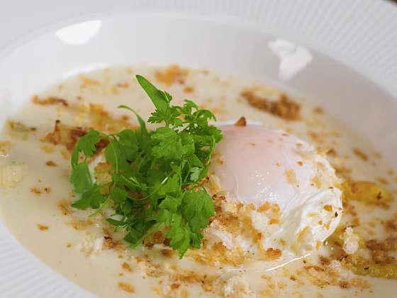 Jídlo z chřestu – chřestové velouté je skvěle ochucená omáčka s chřestem ve strouhance a pošírovaným vejcem (Zdroj: Prima DOMA MEDIA, s.r.o.)