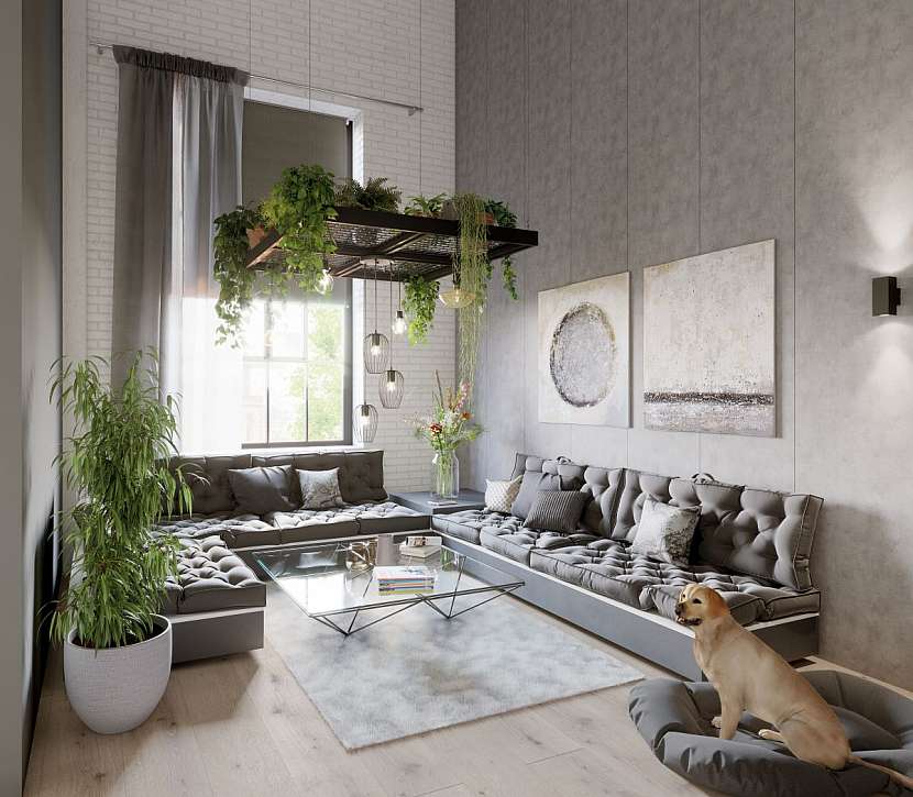 šedý obývací pokoj