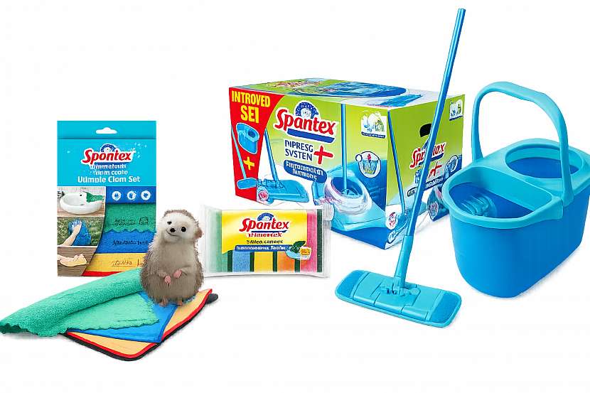 Úklidový set obsahuje systémový mop, 5 extra velkých houbiček s antibakteriální ochranou a 3 utěrky z mikrovlákna určené pro různá použití