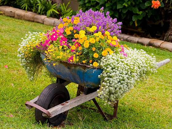 50 x vozíky, trakaře a kolečka plná květin – inspirace pro vás