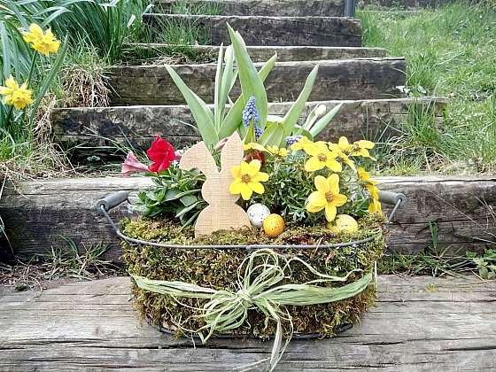 Vyrobte si květinovou velikonoční dekoraci v drátěném košíku