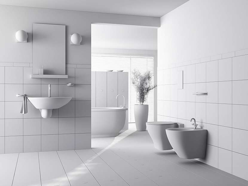 Minimalistická bílá koupelna a zrcadlo s poličkou