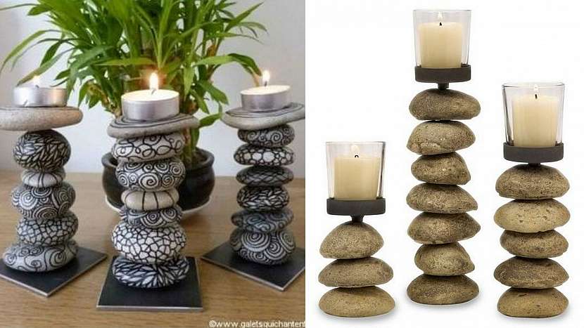 Dekorace z kamínků a oblázků: svícny z oblázků