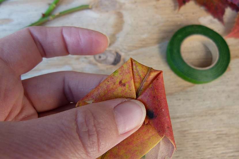Růže z barevného podzimního listí: špičky k sobě