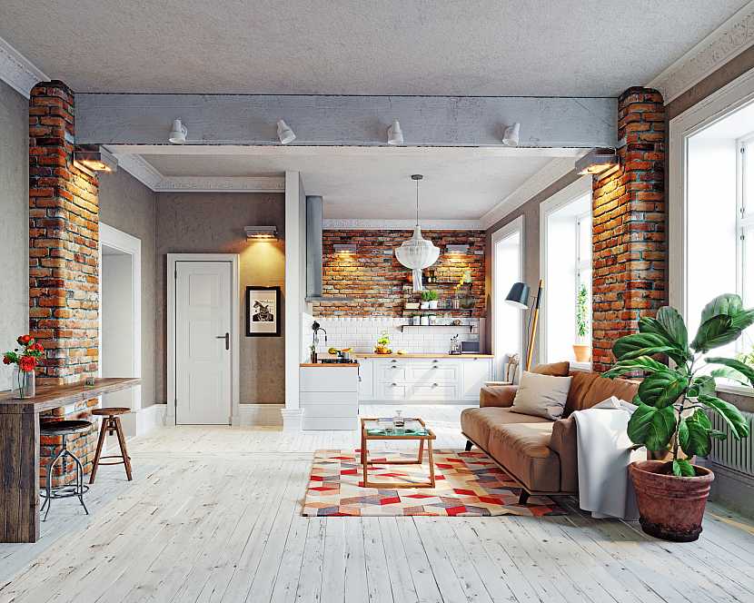 Stylová místnost v skandinávském stylu s bělenými dřevěnými podlahami