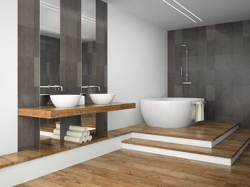 Dřevěná podlaha dodá koupelně zcela jiný rozměr, údržba je však náročnější