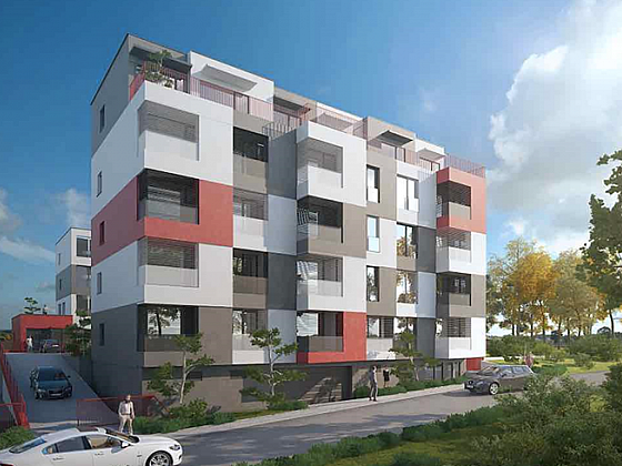 Bydlení v bezbariérových bytech v uzavřeném areálu nabídne vlastní zelené plochy i zastřešené balkony (Zdroj: HELUZ)